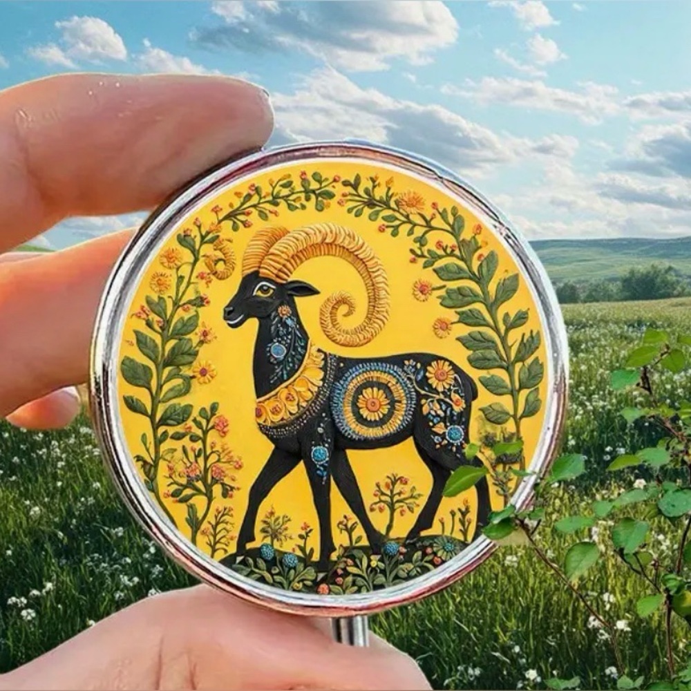 Folk Art Inspired Goat Round Pill Organizer 3-Compartment Compact Pill Case New